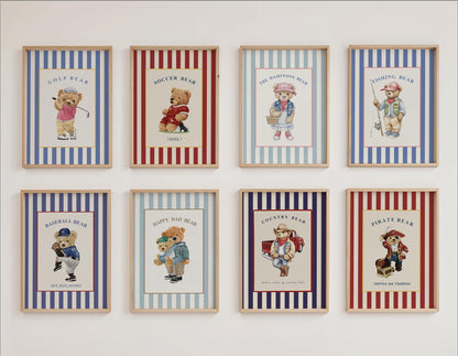 Vintage Bear Girl Striped Wall Art