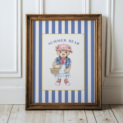Vintage Bear Girl Striped Wall Art