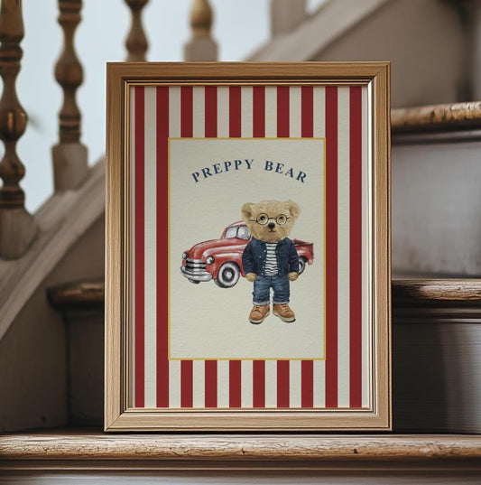 Bear Artwork Preppy Bear Print Cute Bear Striped Art
