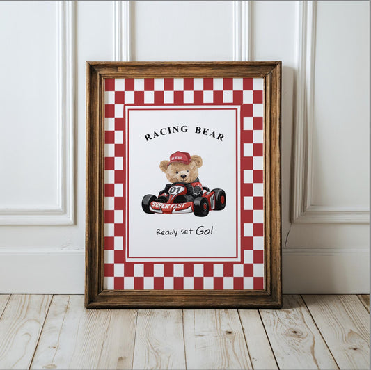 Vintage Bear Illustration Wall Art Striped Artwork