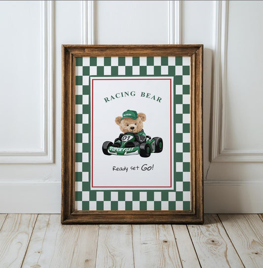 Vintage Bear Racing Art Striped Print