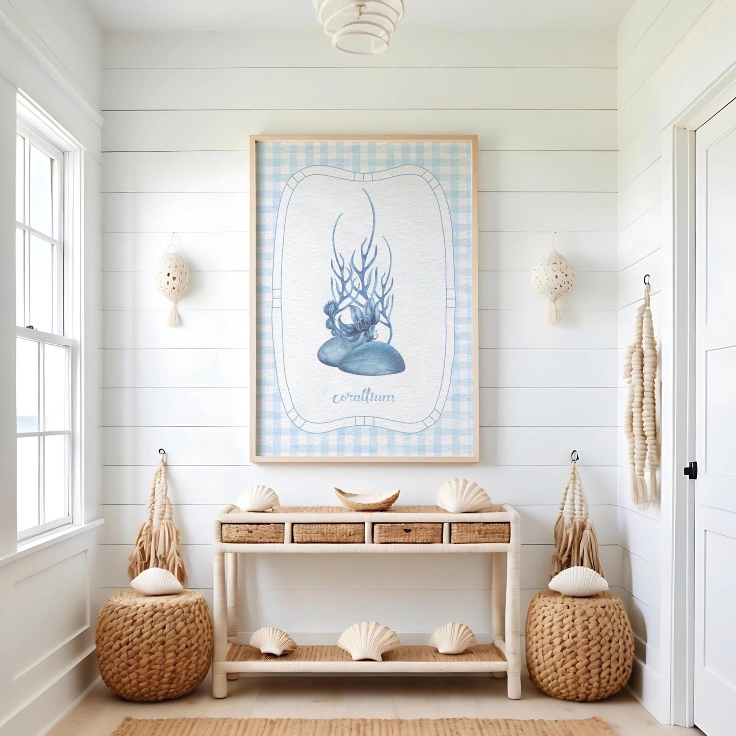 Beach House Coral Wall Art on Gingham Background in Sea Blue