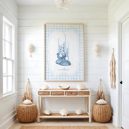 Beach House Coral Wall Art on Gingham Background in Sea Blue