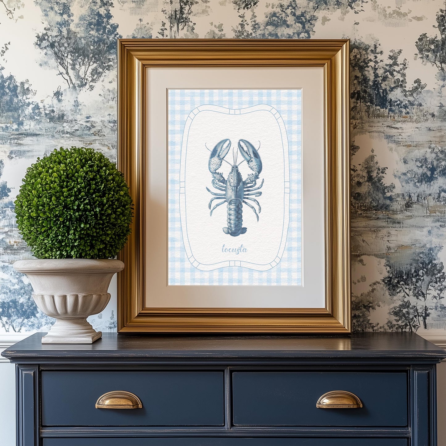 Lobster Print Coastal Artwork Blue White Gingham