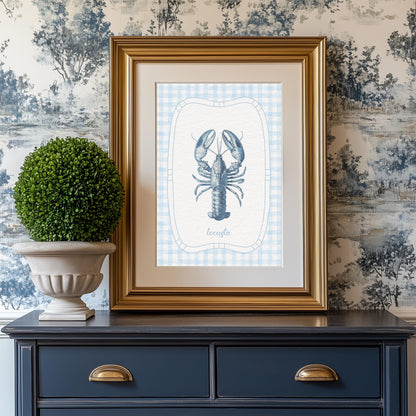 Lobster Print Coastal Artwork Blue White Gingham