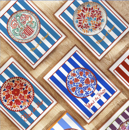 Modern Floral Wall Art Colorful Blue And White Striped Artwork