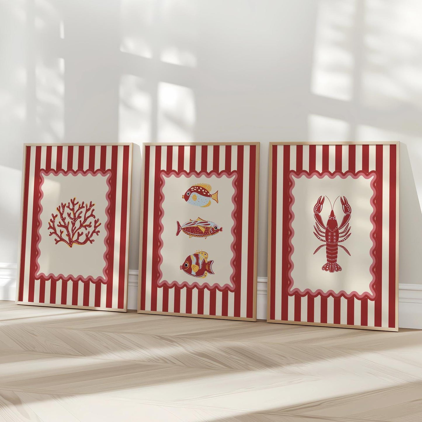 Lobster Print Striped Artwork Nautical Kitchen Wall Art