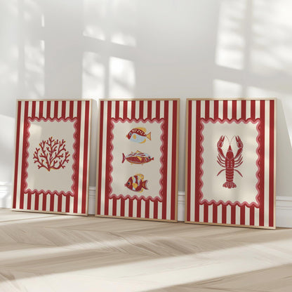 Lobster Print Striped Artwork Nautical Kitchen Wall Art