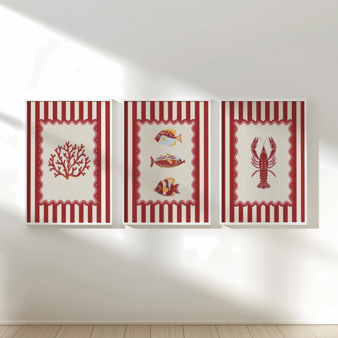 Lobster Print Striped Artwork Nautical Kitchen Wall Art