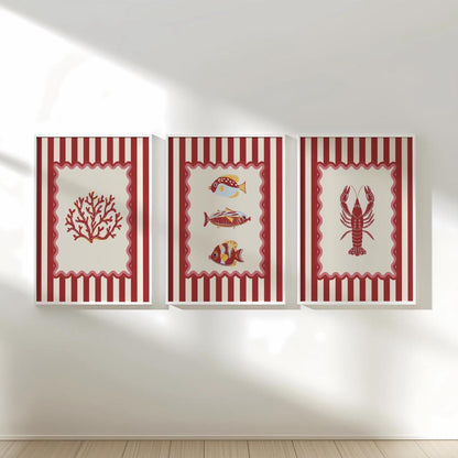 Lobster Print Striped Artwork Nautical Kitchen Wall Art