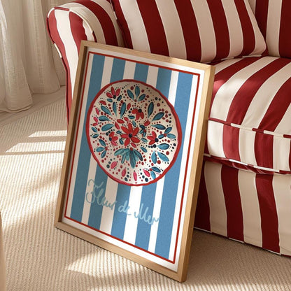 Modern Floral Wall Art Colorful Blue And White Striped Artwork