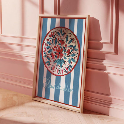 Modern Floral Wall Art Colorful Blue And White Striped Artwork