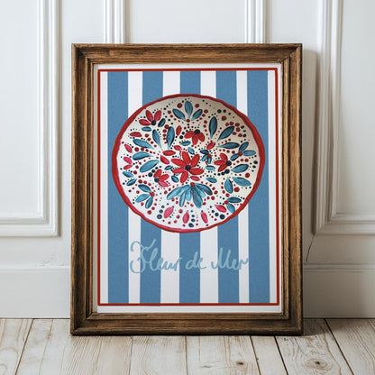 Modern Floral Wall Art Colorful Blue And White Striped Artwork