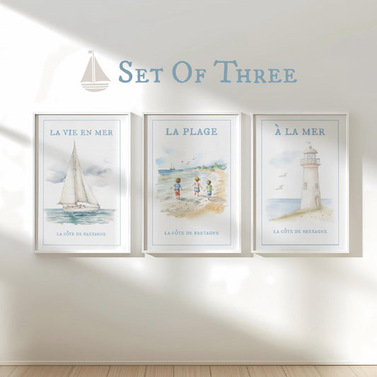 Sailboat Lighthouse Coastal Wall Art Set of 3 Prints
