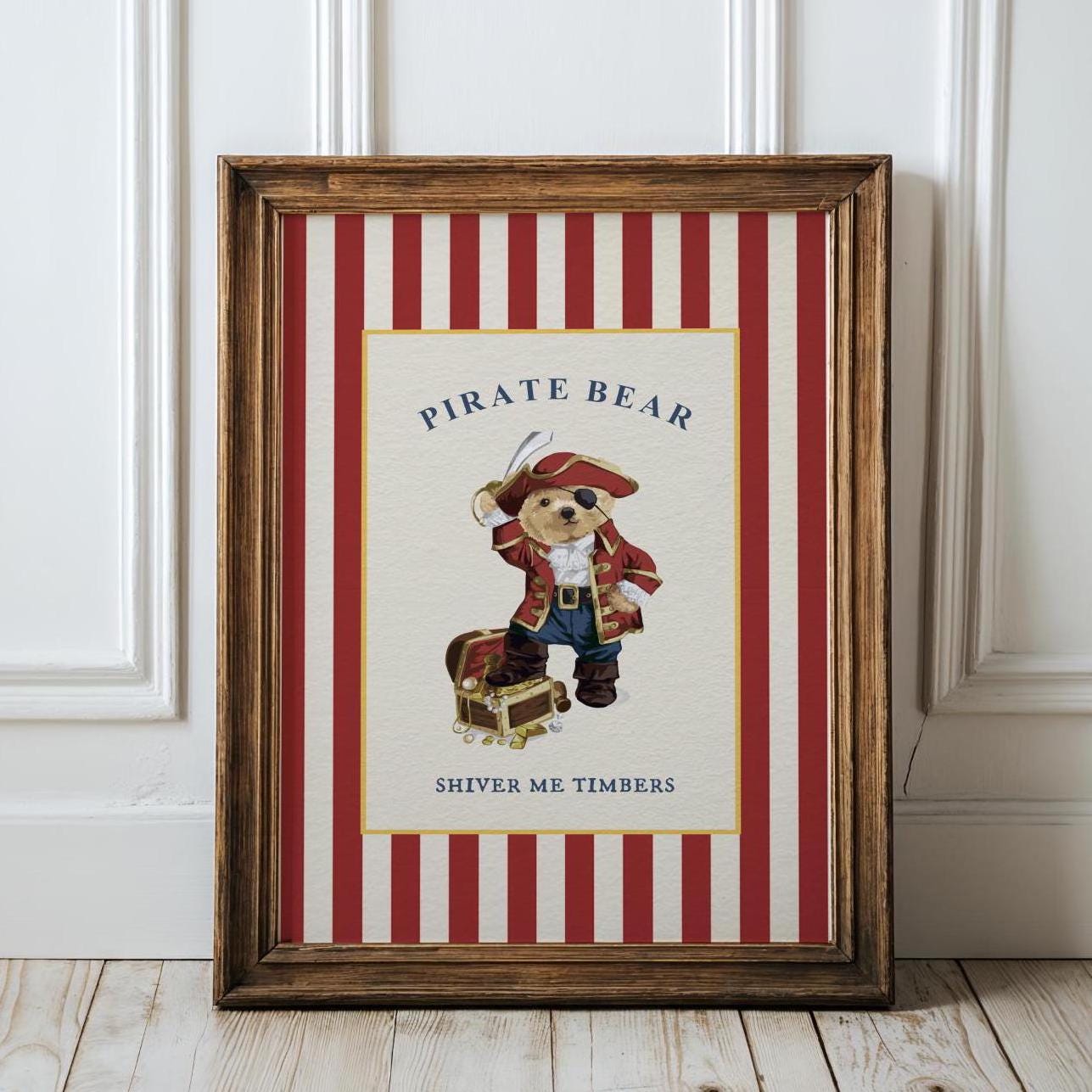 Gallery Set of 3 Vintage Bear Prints on Red Striped Wallpaper