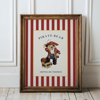 Gallery Set of 3 Vintage Bear Prints on Red Striped Wallpaper