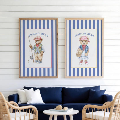 Vintage Bear Girl Striped Wall Art
