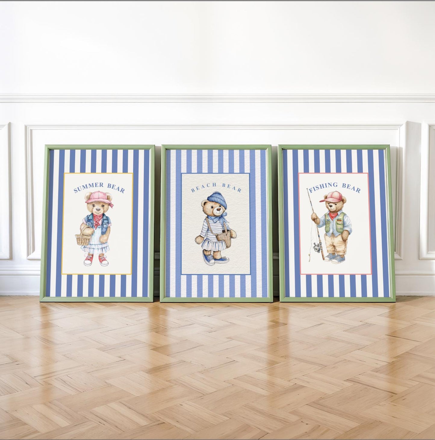 Vintage Bear Girl Striped Wall Art