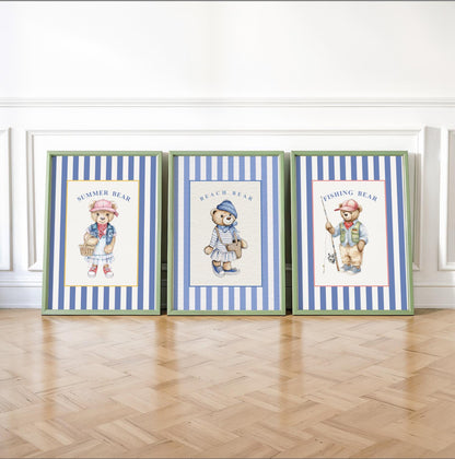 Vintage Bear Girl Striped Wall Art