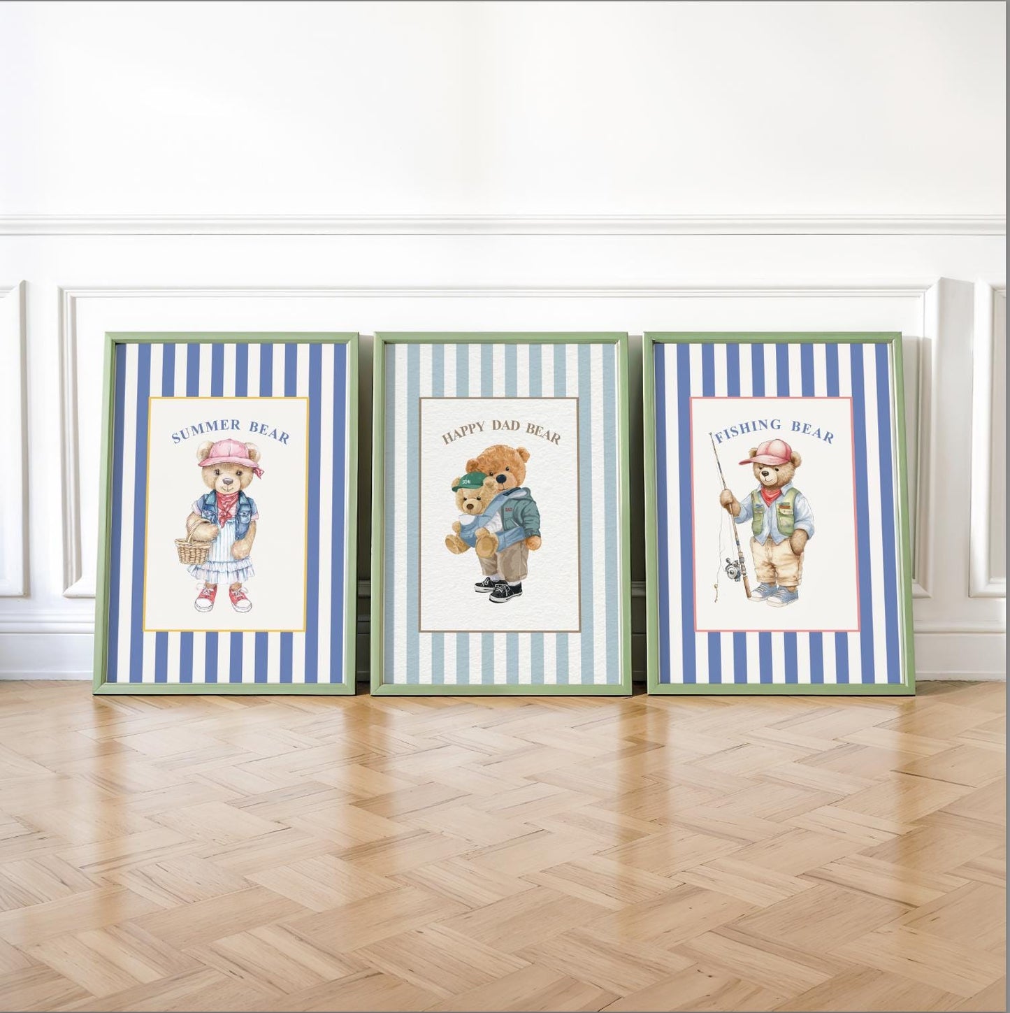 Vintage Bear Girl Striped Wall Art