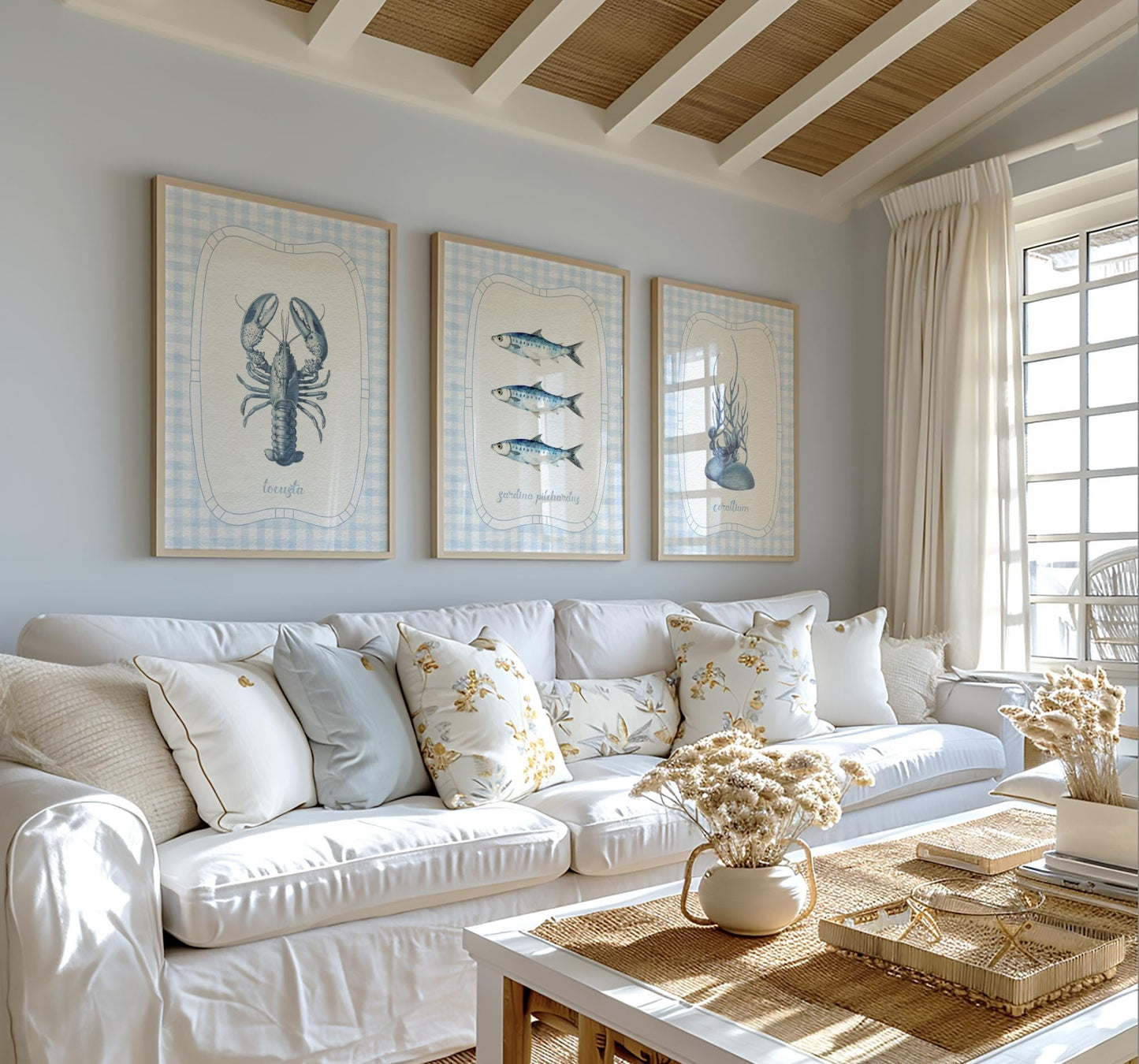 Beach House Coral Wall Art on Gingham Background in Sea Blue