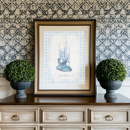 Beach House Coral Wall Art on Gingham Background in Sea Blue
