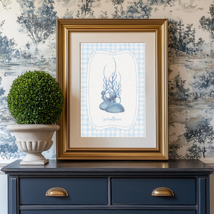 Beach House Coral Wall Art on Gingham Background in Sea Blue