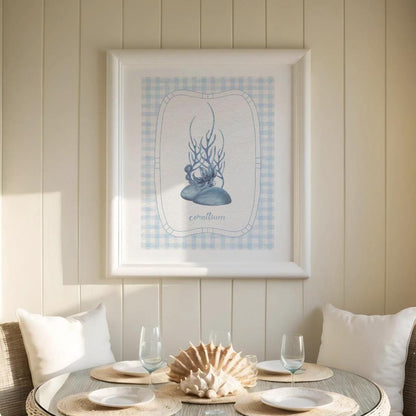 Beach House Coral Wall Art on Gingham Background in Sea Blue