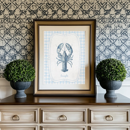 Lobster Print Coastal Artwork Blue White Gingham