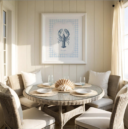 Lobster Print Coastal Artwork Blue White Gingham