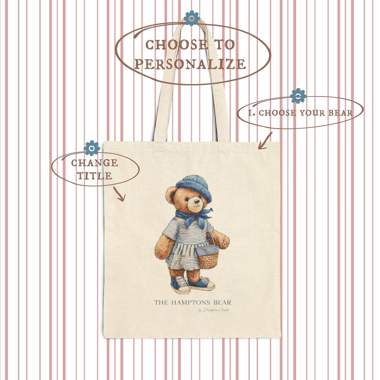 Custom Shopper Bear Cotton Tote, Personalized Vintage Bear Tote