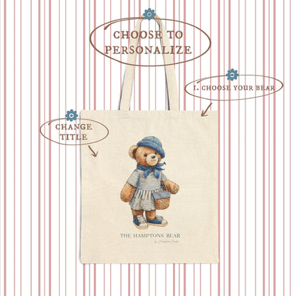 Custom Shopper Bear Cotton Tote, Personalized Vintage Bear Tote