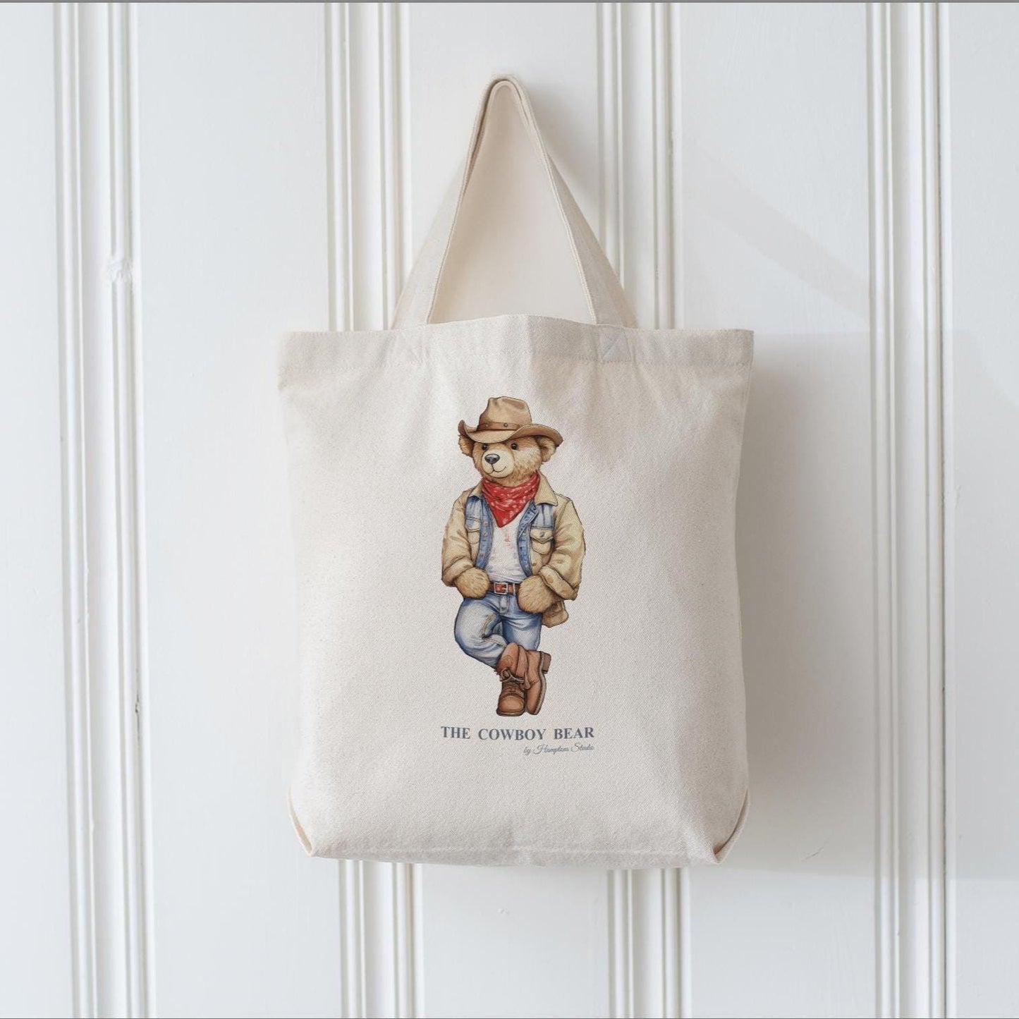Custom Shopper Bear Cotton Tote, Personalized Vintage Bear Tote