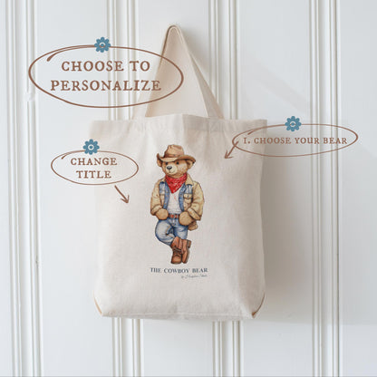 Custom Shopper Bear Cotton Tote, Personalized Vintage Bear Tote