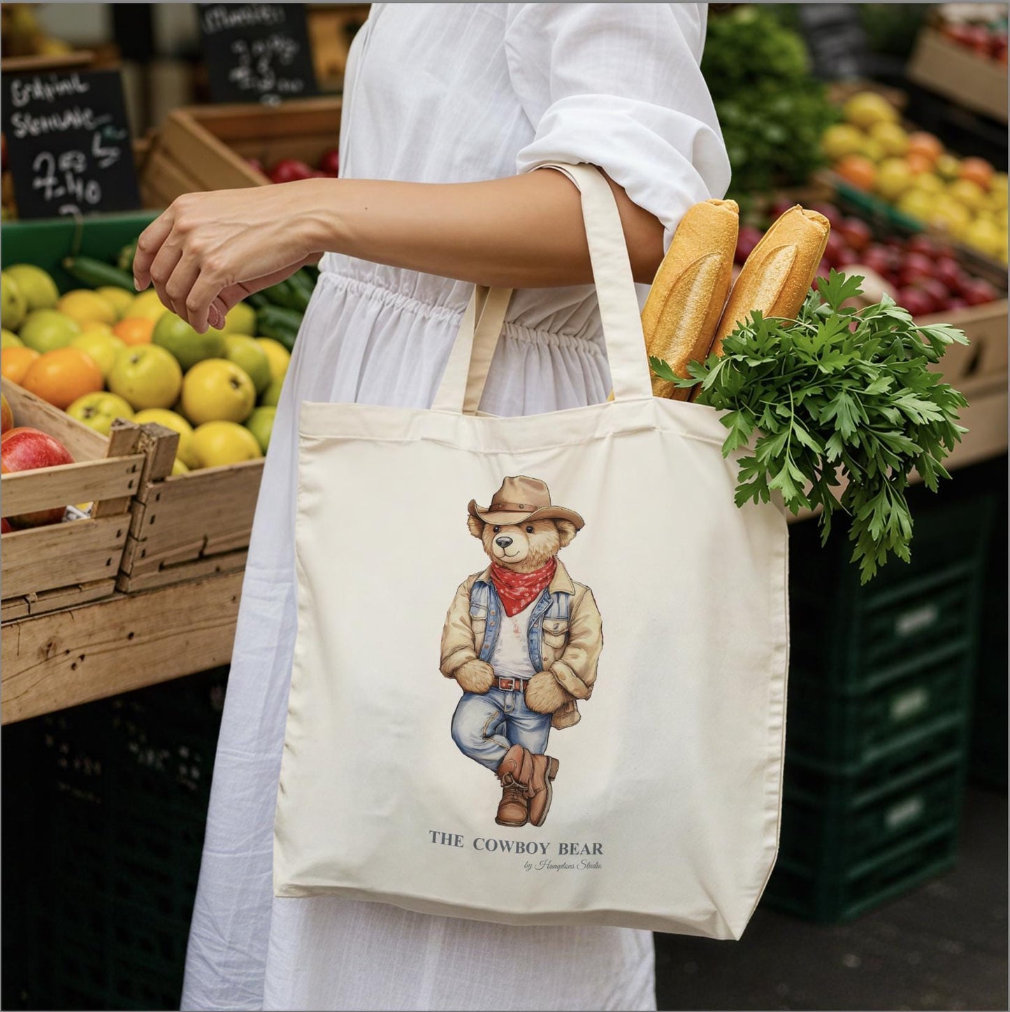 Custom Shopper Bear Cotton Tote, Personalized Vintage Bear Tote