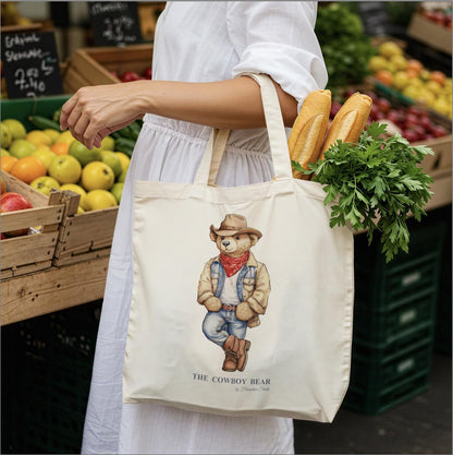Custom Shopper Bear Cotton Tote, Personalized Vintage Bear Tote