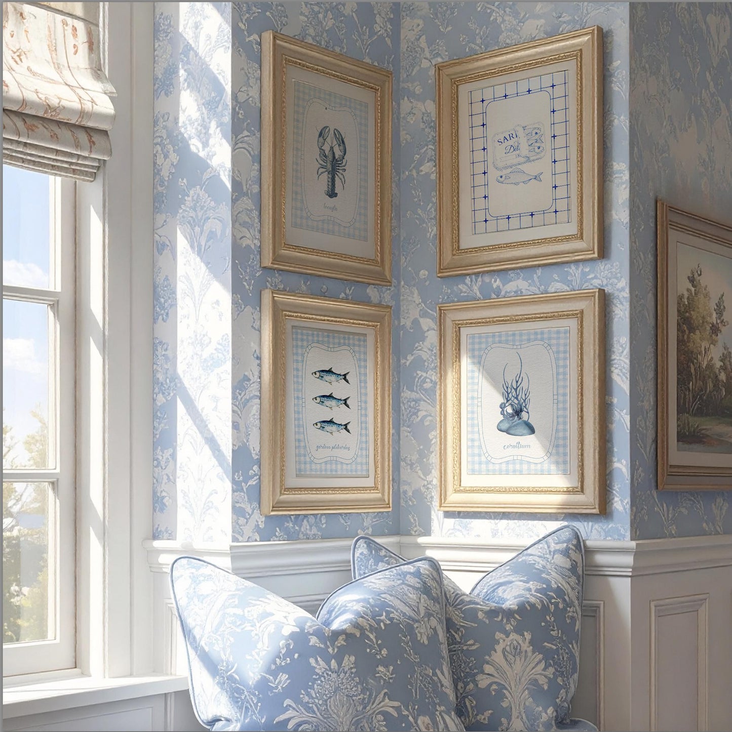 Lobster Print Coastal Artwork Blue White Gingham