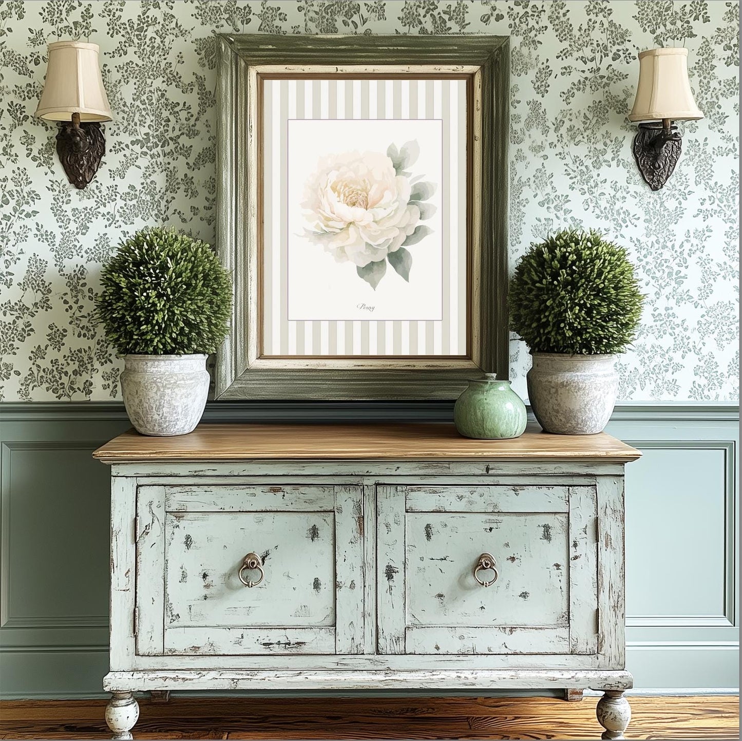 Peony Floral Painting Botanical Print Striped Artwork