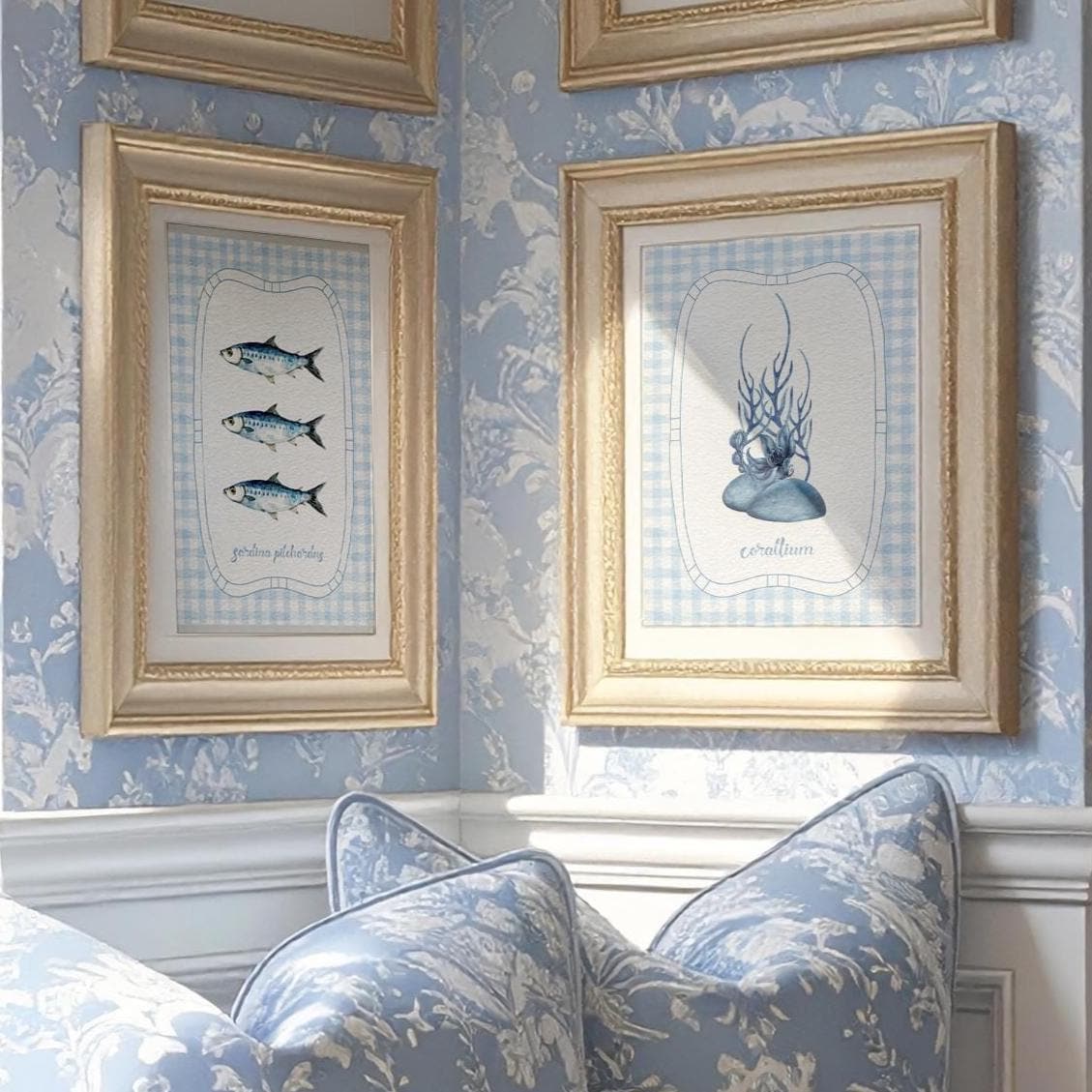 Beach House Coral Wall Art on Gingham Background in Sea Blue