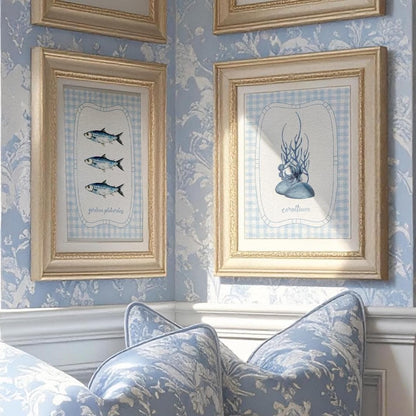 Beach House Coral Wall Art on Gingham Background in Sea Blue