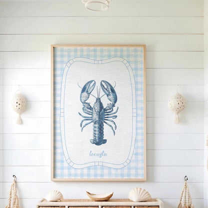 Lobster Print Coastal Artwork Blue White Gingham
