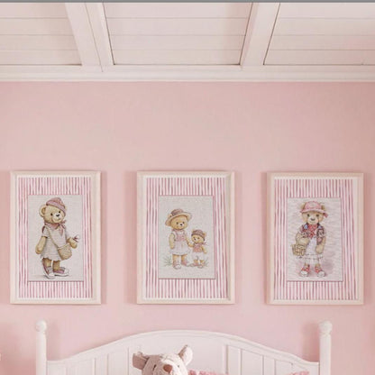 Pink Striped Wall Art Set Of 3 Bear Prints Nursery Room Decor