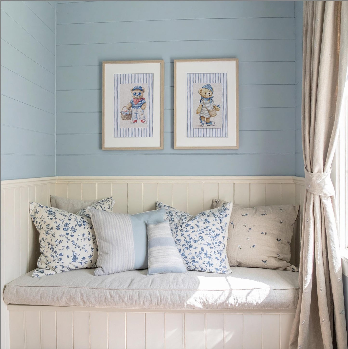Set of 3 Bear Prints Striped Artwork Gallery Wall Art Hamptons Bear Illustrations
