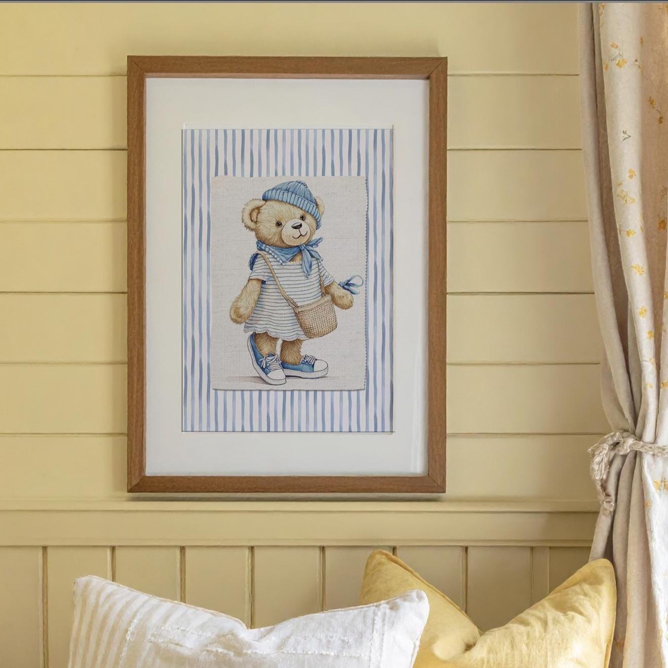 Set of 3 Bear Prints Striped Artwork Gallery Wall Art Hamptons Bear Illustrations