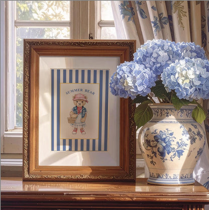 Vintage Bear Girl Striped Wall Art