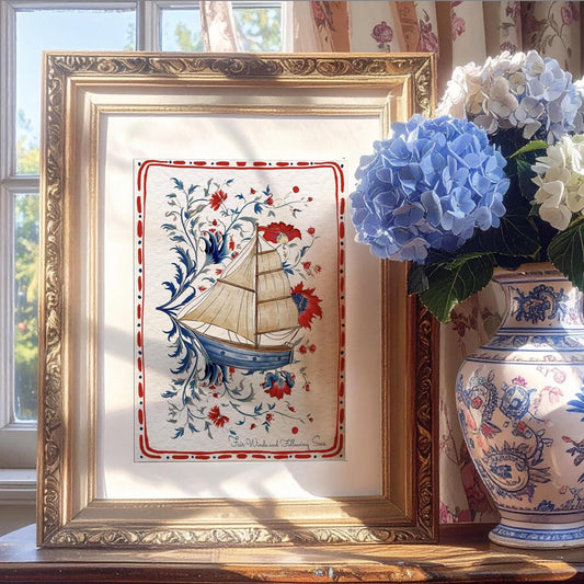 Sailboat Art Whimsical Coastal Print Nantucket Sailing