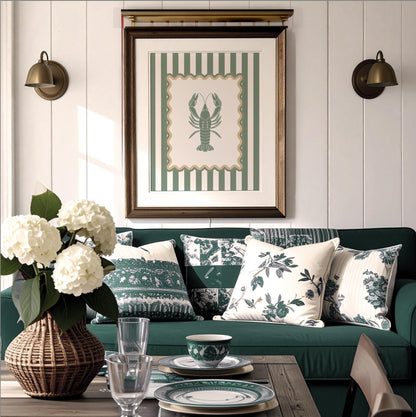 Striped Wall Art Lobster Coastal Print in Sage Green