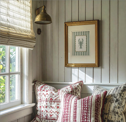 Striped Wall Art Lobster Coastal Print in Sage Green