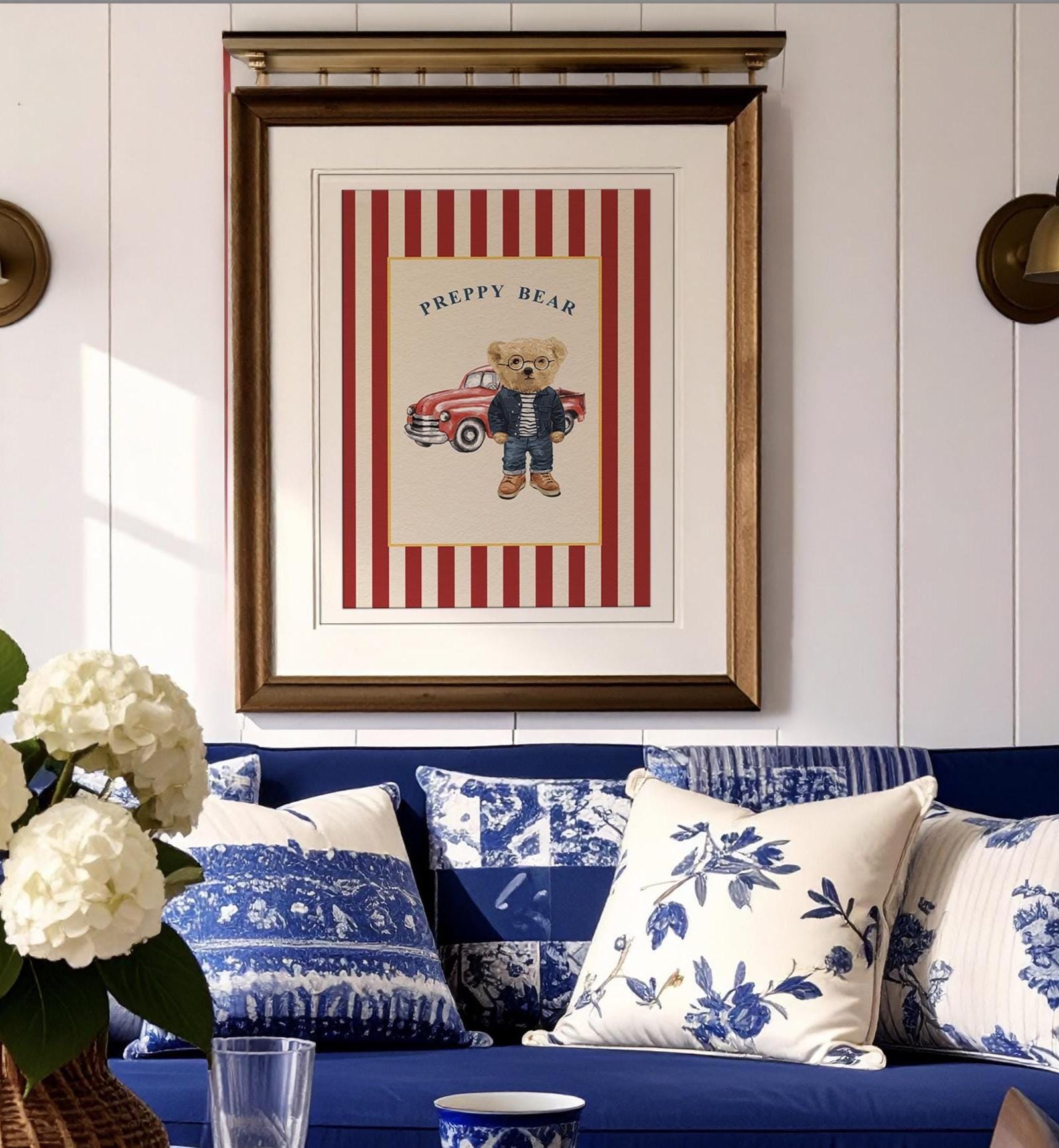 Bear Artwork Preppy Bear Print Cute Bear Striped Art