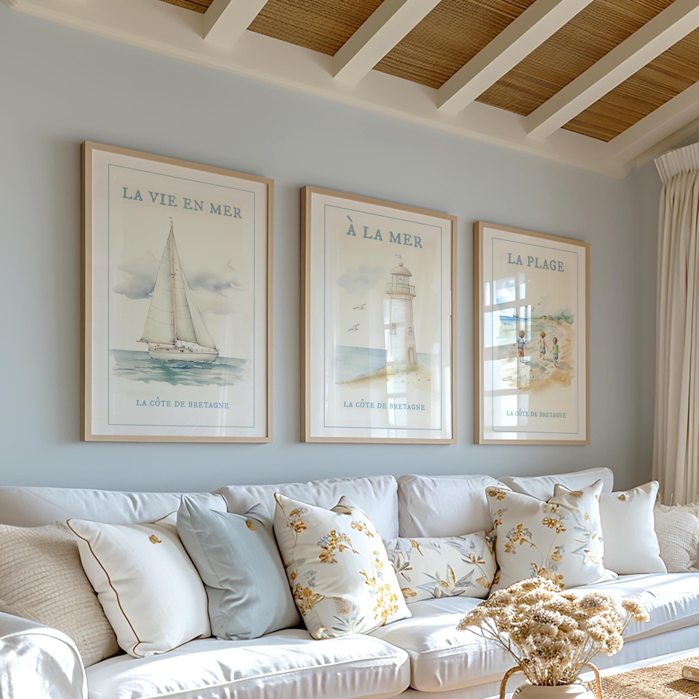 Sailboat Lighthouse Coastal Wall Art Set of 3 Prints